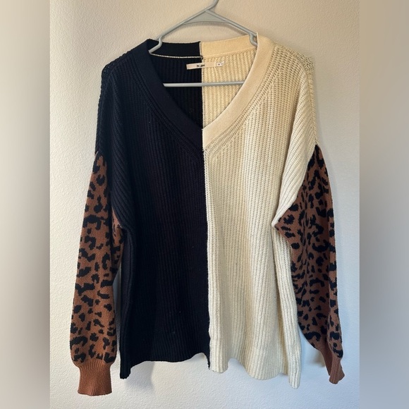 Louise Animal Colorblock Sweater cream black and leopard print size M medium - Picture 3 of 7